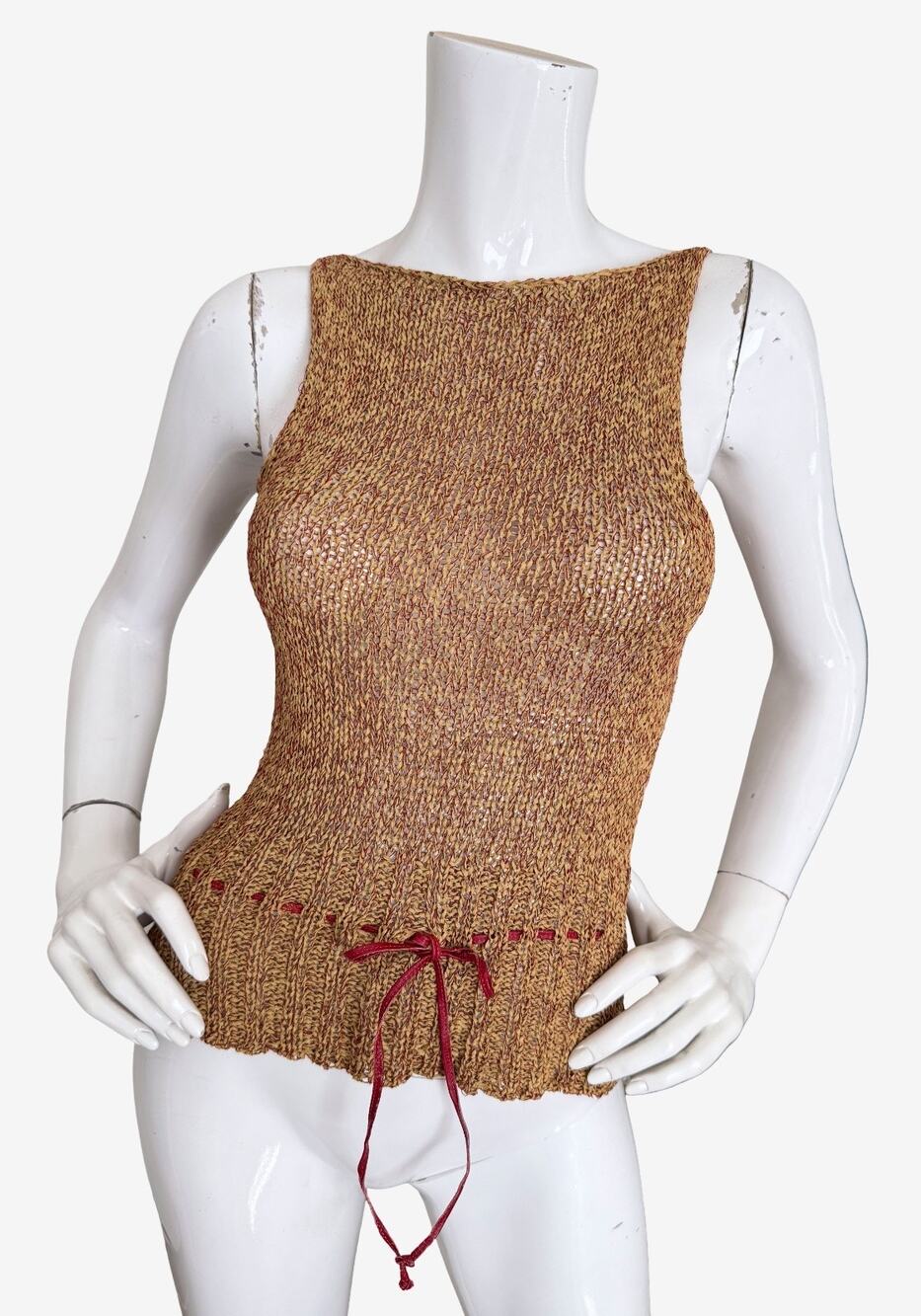 SOLD* Rozae Nichols Vintage Y2K Tape Yarn Knit Top Boatneck Leather Drawstring